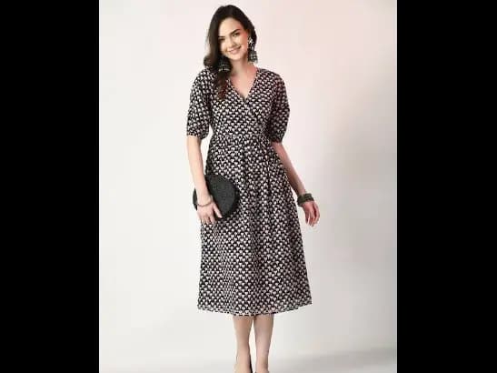 Black Ethnic Motifs Printed Gathered Detailed Cotton A-Line Ethnic Dress