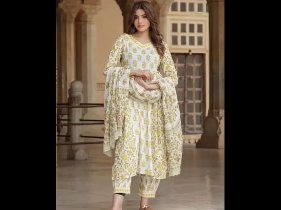 Floral Printed Mirror Work A-Line Pure Cotton Kurta with Trousers & Dupatta