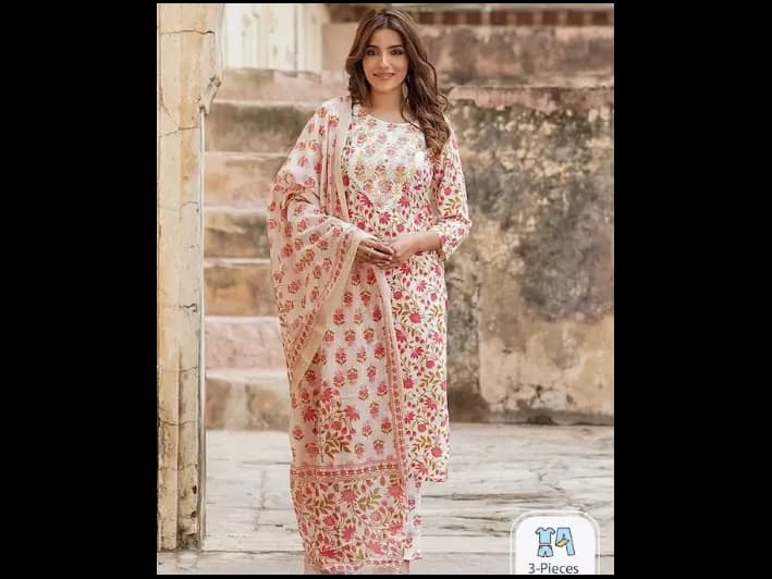 Floral Printed Pure Cotton Straight Kurta With Trousers & Dupatta