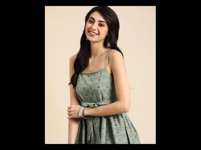 Shoulder Straps Checked A-Line Dress With Tie Up Detailing
