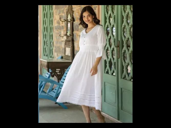 V-Neck A-Line Cotton Maxi Dress