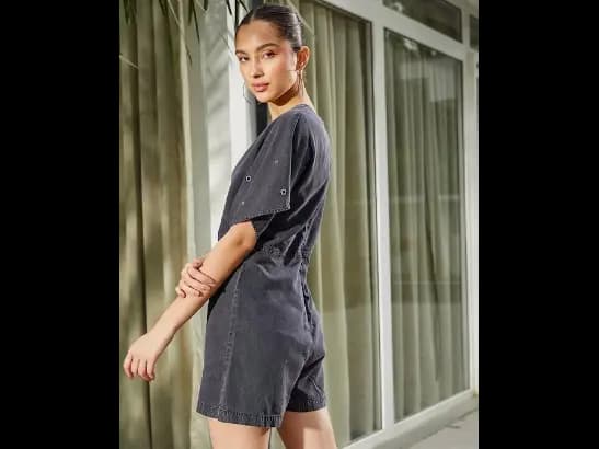 Black solid playsuit ,has a v-neck, short sleeves (4)