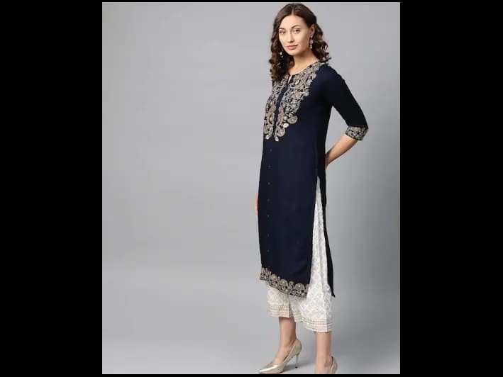 Navy Blue Paisley Floral Embroidery Kurta Set (4)