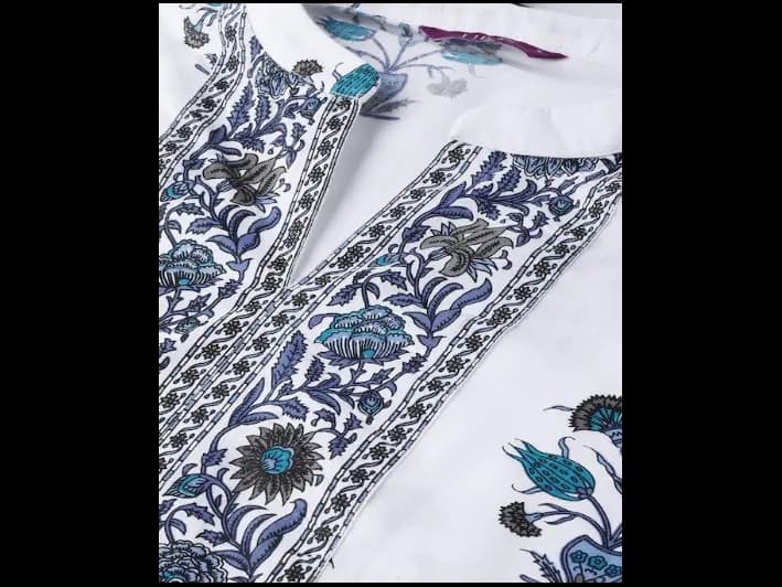 White & Navy Blue Floral Printed Kurta with Palazzos & Dupatta (3)