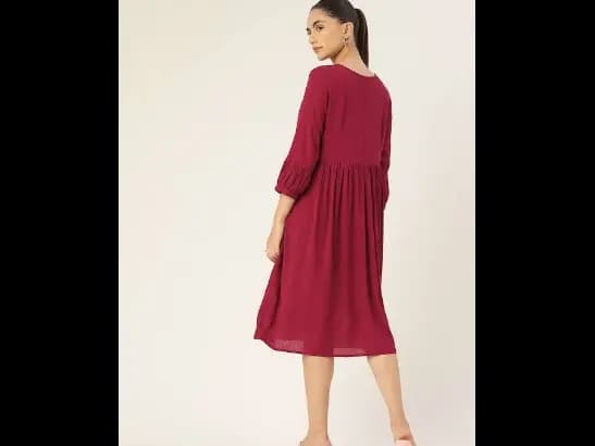Red Floral Yoke Design A-Line Dress (4)