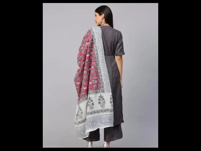 Women Charcoal Grey Solid Kurta with Palazzos & Dupatta (3)