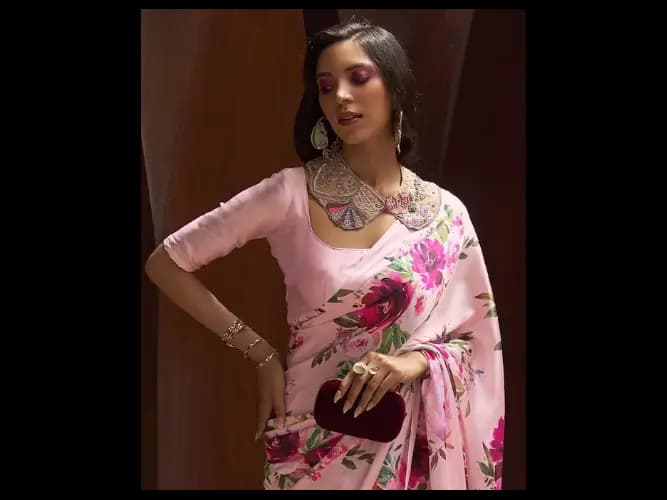 Pink & Green Floral Satin Banarasi Saree