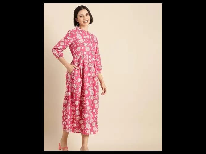 Women Pink & White Floral Printed Gathered Ethnic A-Line Midi Dress (3)