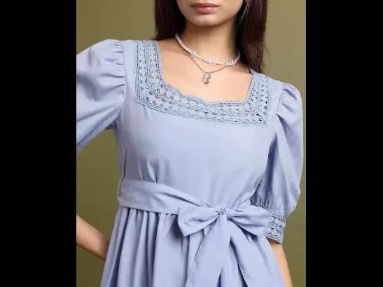 Blue Square Neck Puff Sleeve Tie Up Lace Inserts A-Line Dress (3)