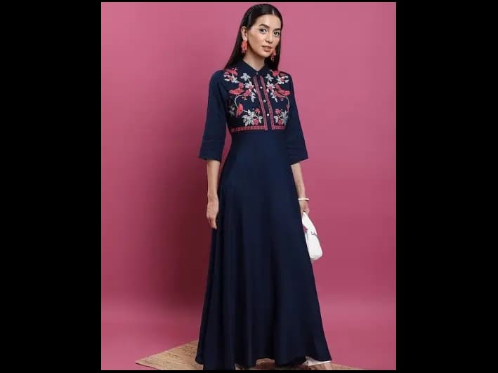 Floral Printed Yoke Design Shirt Collar Three-Quarter Sleeves Anarkali Kurta (6)