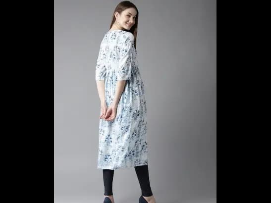 Women White & Blue Printed A-Line Kurta (4)