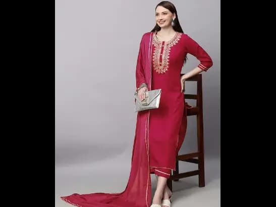 Ethnic Motifs Yoke Design Thread Work Detail Straight Kurta & Trouser With Dupatta