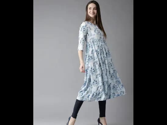 Women White & Blue Printed A-Line Kurta