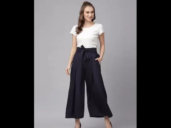 Navy Blue Solid Crop Wide Leg Palazzos
