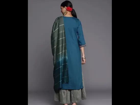 Blue Ethnic Motifs Yoke Design Thread Work Kurta with Sharara & With Dupatta (7)