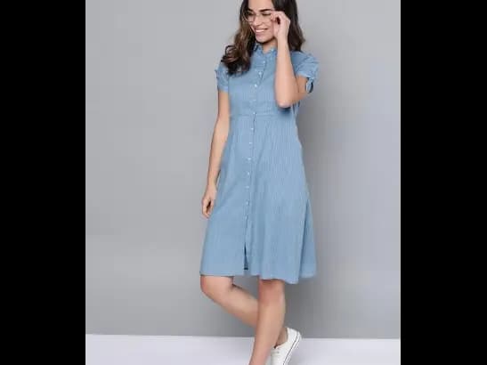 Women Blue Self-Striped Shirt Dress (2)