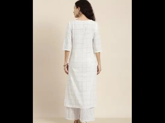Off-White & Black Checked Straight Kurta With Striped Palazzos (2)