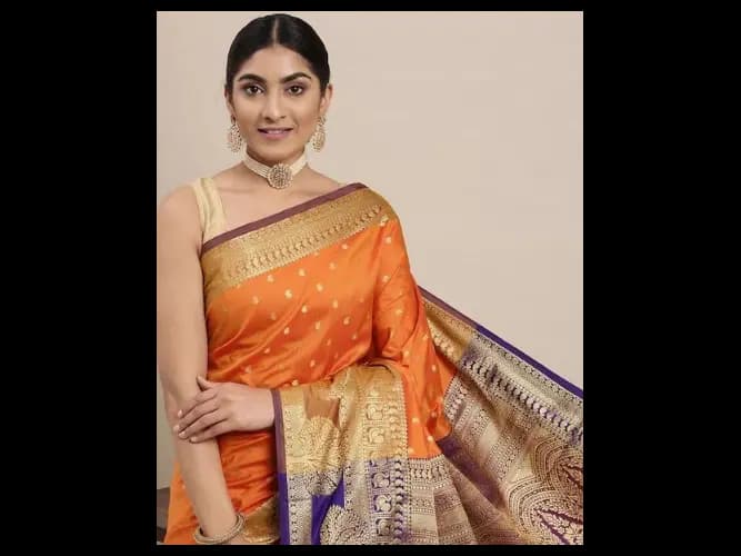 Orange & Golden Paisley Design Zari Banarasi Silk Saree