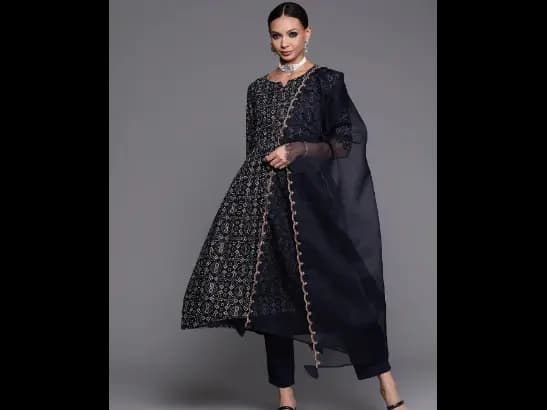 Navy Blue Ethnic Motifs Printed Kurta with Trousers & With Dupatta