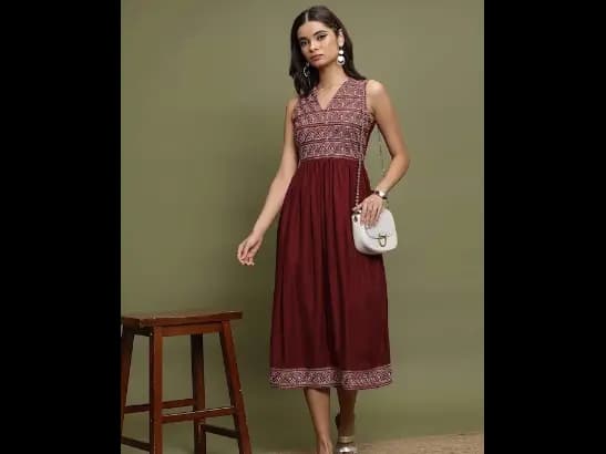 Geometric Embroidered V-Neck A-Line Midi Dress