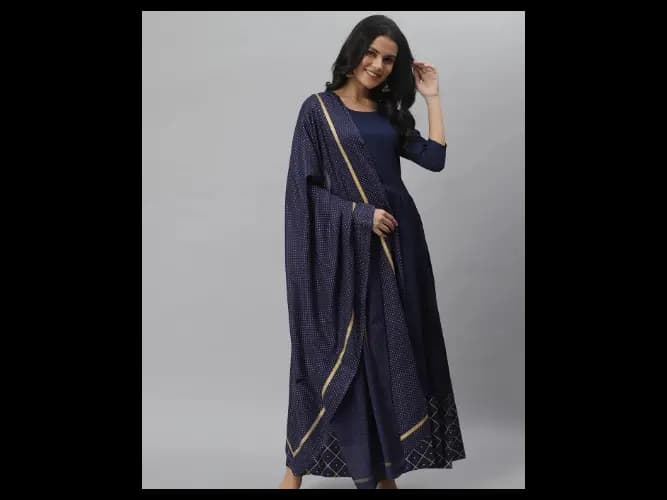 Women Navy Blue Anarkali Kurta With Dupatta (3)