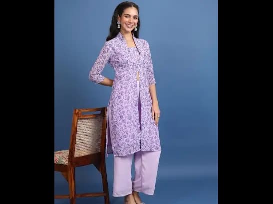 Lavender Printed Crop Top & Jacket With Palazzos (2)