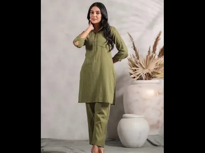 Shirt Collar Cuffed Sleeves Fusion Pure Cotton Kurta with Trousers (5)