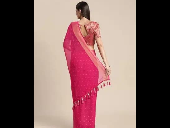 Pink & Gold-Toned Floral Zari Pure Chiffon Saree (3)