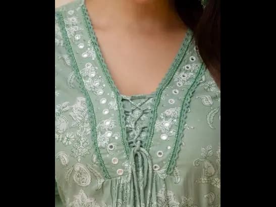 Floral Yoke Design Panelled V-Neck Mirror Work Cotton Kurta With Patiala & Dupatta (4)
