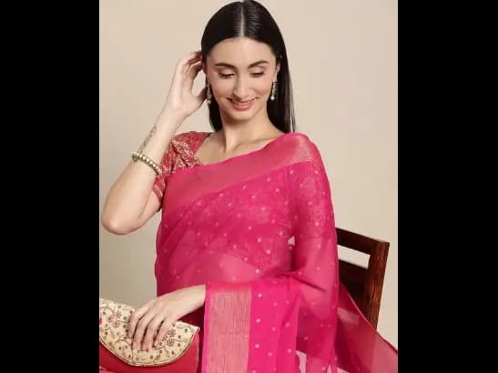 Pink & Gold-Toned Floral Zari Pure Chiffon Saree (2)