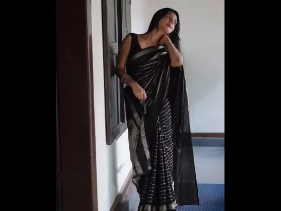 Black & Silver Toned Striped Zari Saree