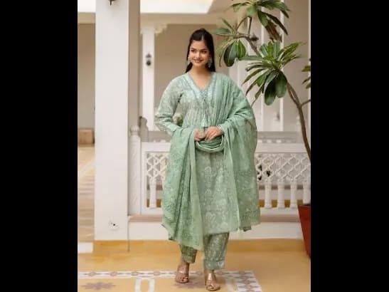 Floral Yoke Design Panelled V-Neck Mirror Work Cotton Kurta With Patiala & Dupatta