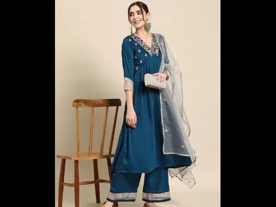 Floral Embroidered Empire Thread Work Kurta With Palazzos & Dupatta