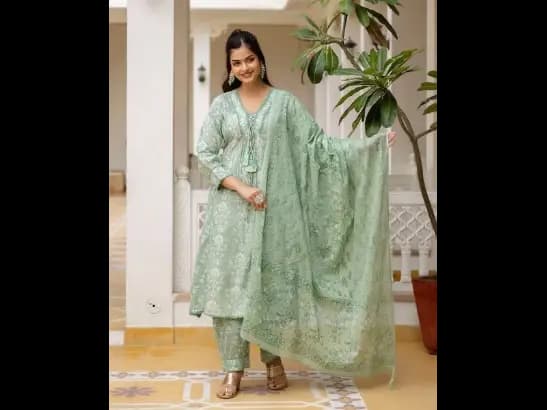 Floral Yoke Design Panelled V-Neck Mirror Work Cotton Kurta With Patiala & Dupatta (3)