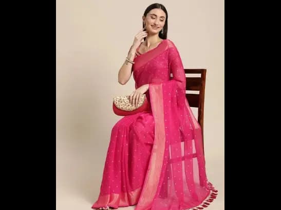 Pink & Gold-Toned Floral Zari Pure Chiffon Saree