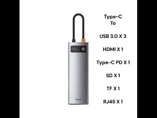 Baseus 8-in-1 Star Joy Series Multifunctional Type-C HUB Docking Station Gray (Type C to USB 3.0*3 / HDMI*1 / RJ45 Network 1000MBPS*1 / SD& TF card reader / Type C PD*1)- CAHUB-CV0G- 6 Months Warranty