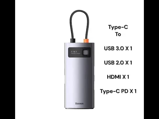 Baseus 4-in-1 Star Joy Series Multifunctional Type-C HUB Docking Station Gray (Type C to USB 3.0*1, 2.0*1 / HDMI *1 / Type C PD *1)- CAHUB-CY0G- 6 Months Warranty
