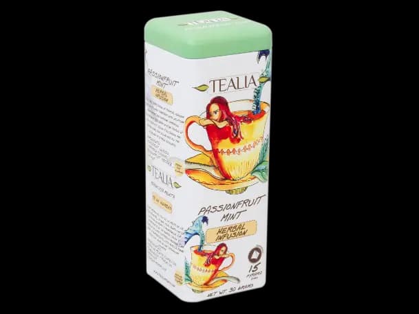 Tealia - Pyramid Tea Bags in Tins- PASSIONFRUIT MINT 15 X 2G