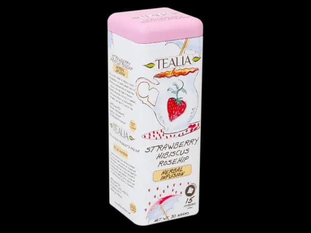 Tealia - Pyramid Tea Bags in Tins- STRAWBWERRY HIBISCUS AND ROSEHIP 15 X 2G