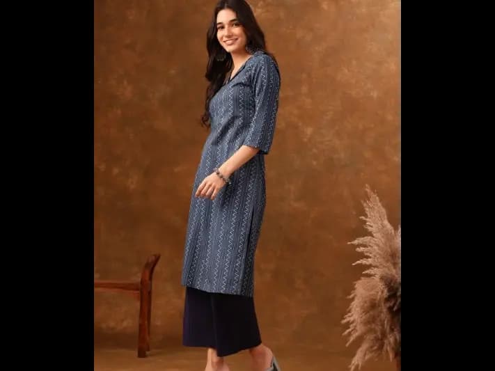 Navy Blue Striped Shirt Collar Straight Kurta - Pure Cotton (4)