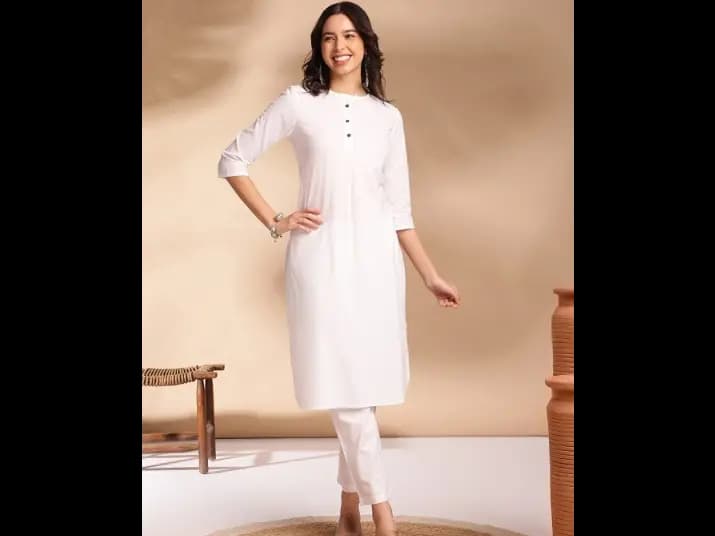 Pleated Round Neck Round Neck Cotton Kurta with Trousers - Cotton Blend