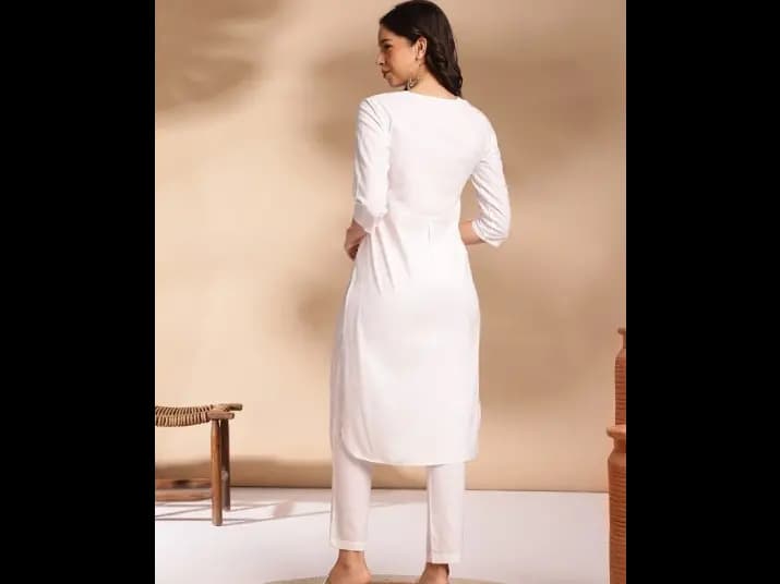 Pleated Round Neck Round Neck Cotton Kurta with Trousers - Cotton Blend (3)