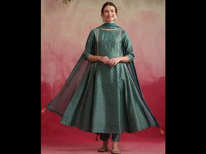 Boat Neck Floral Yoke Design Anarkali Kurta with Palazzo & Dupatta