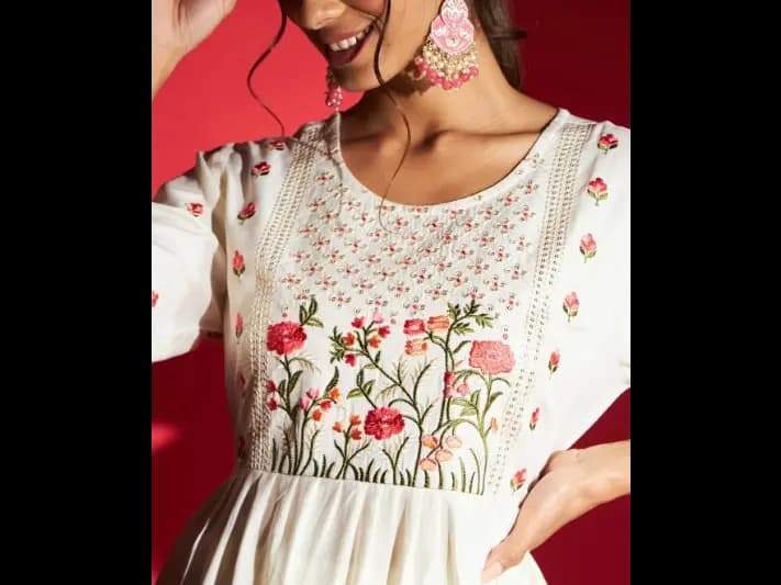 Floral Embroidered A-Line Kurta & Trousers With Dupatta (2)