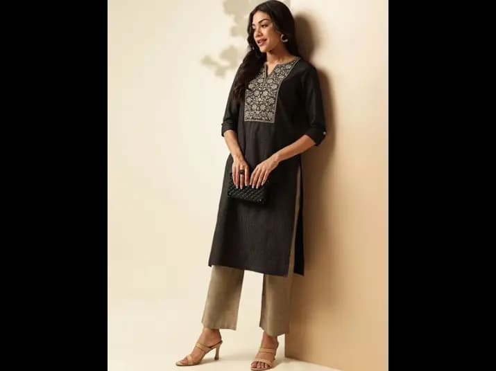 Black Floral Embroidered Thread Work Pure Cotton Straight Kurta With Palazzo