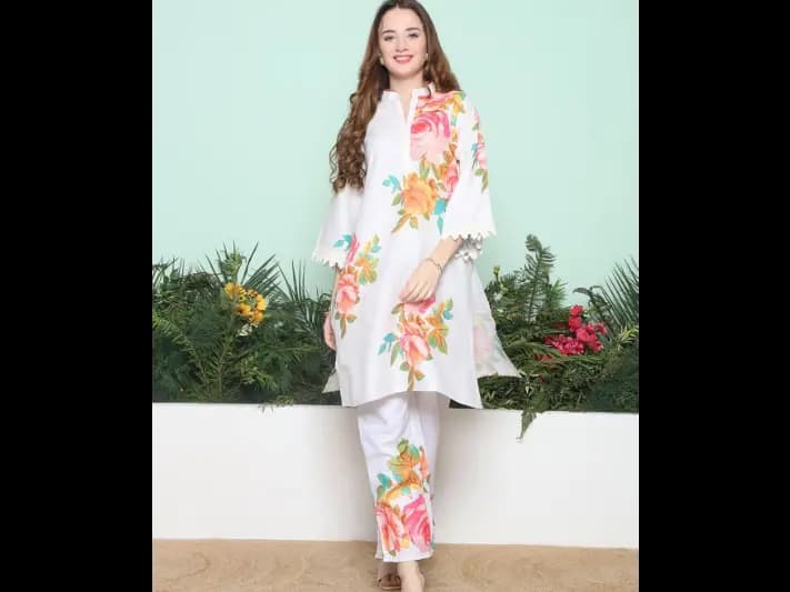 Floral Printed Regular Kurta with Trousers - Cotton Blend