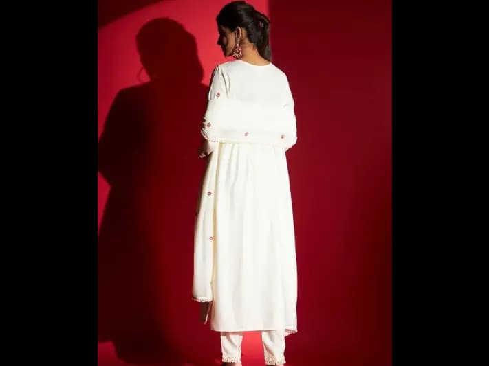 Floral Embroidered A-Line Kurta & Trousers With Dupatta (3)