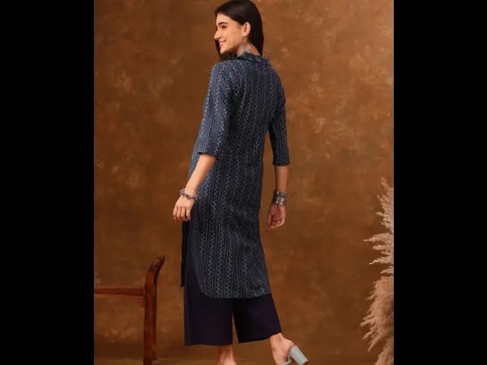 Navy Blue Striped Shirt Collar Straight Kurta - Pure Cotton (5)