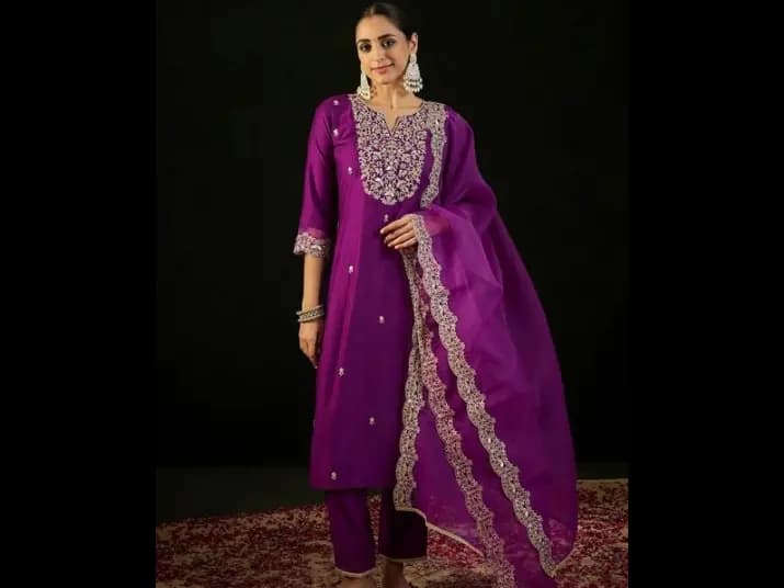 Notched Neck Ethnic Embroidered Sequinned Liva Kurta with Trouser & Dupatta