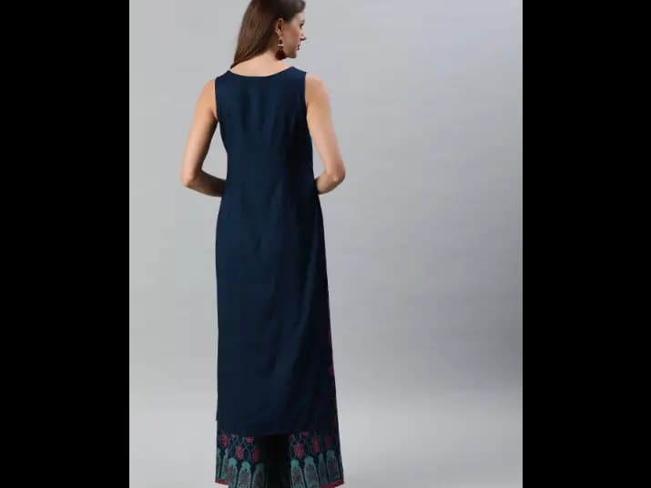 Women Blue Yoke Design Kurta with Palazzos (4)